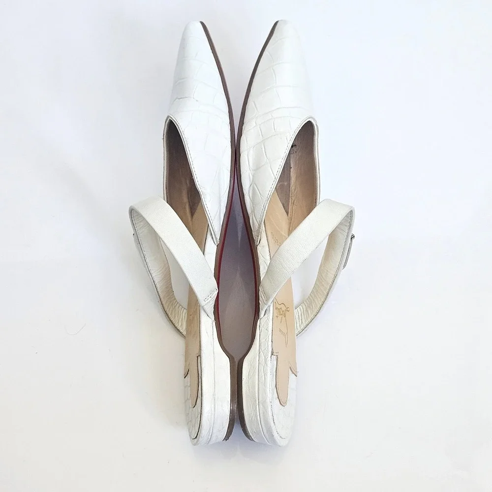 Christian Louboutin CHOC LOCK Croc Embossed Leather Flat Mules White‎ Sz 36